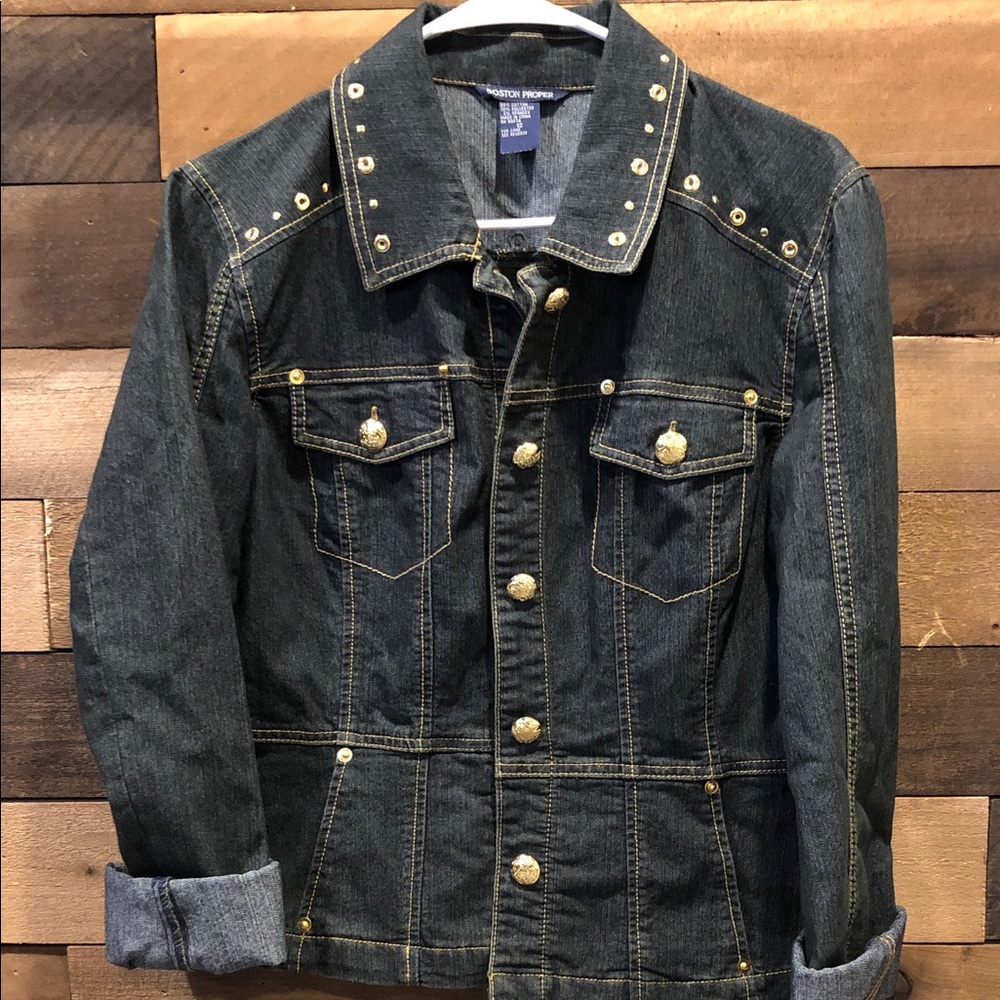 Boston Proper Dark Denim Jacket with Gold Studs